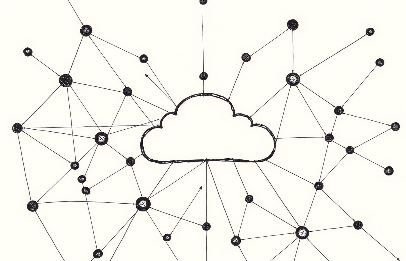 Hand-drawn diagram of interconnected cloud infrastructure nodes on cream paper