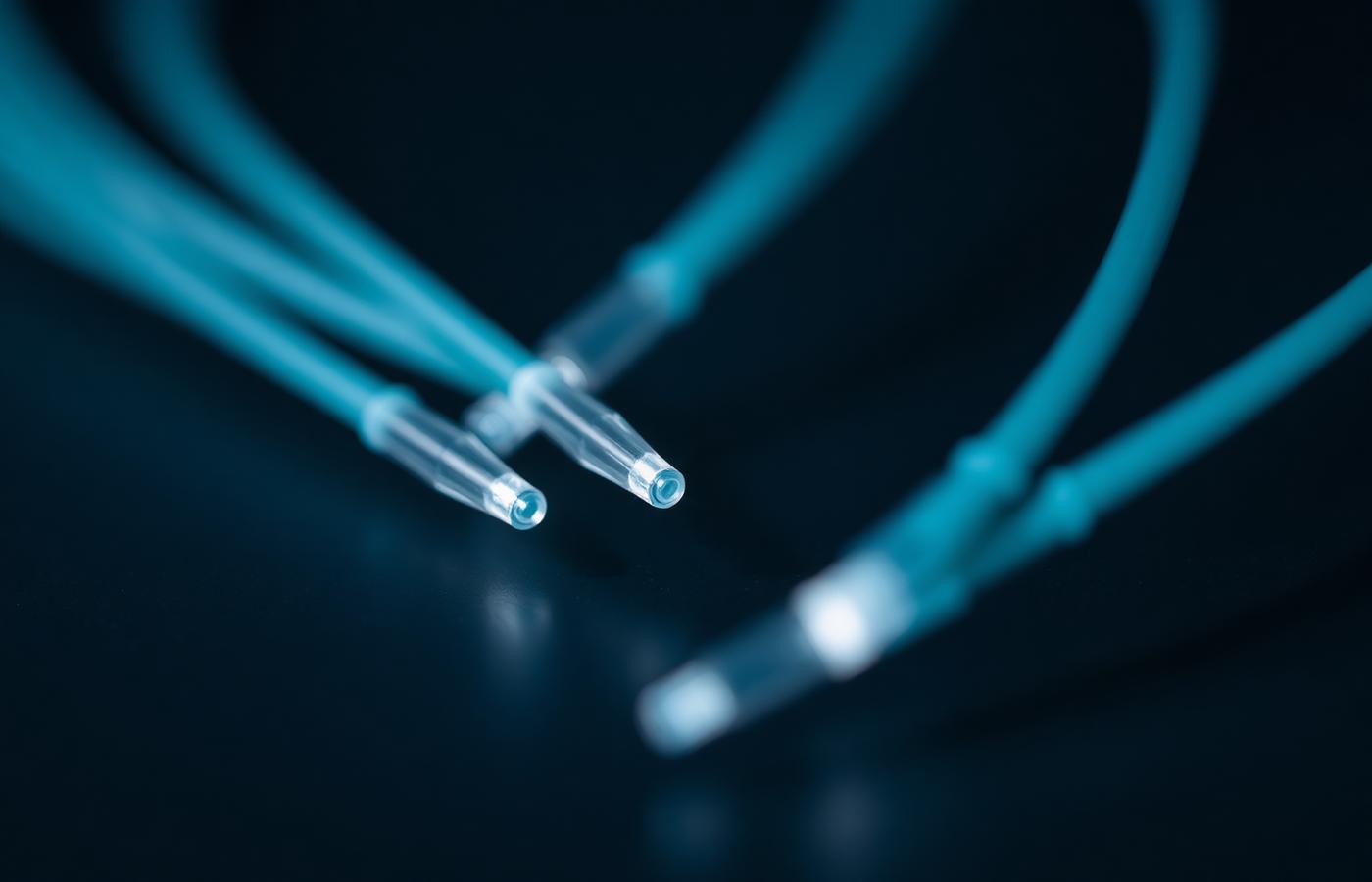 Close-up of glowing fibre-optic cable tips against a dark background
