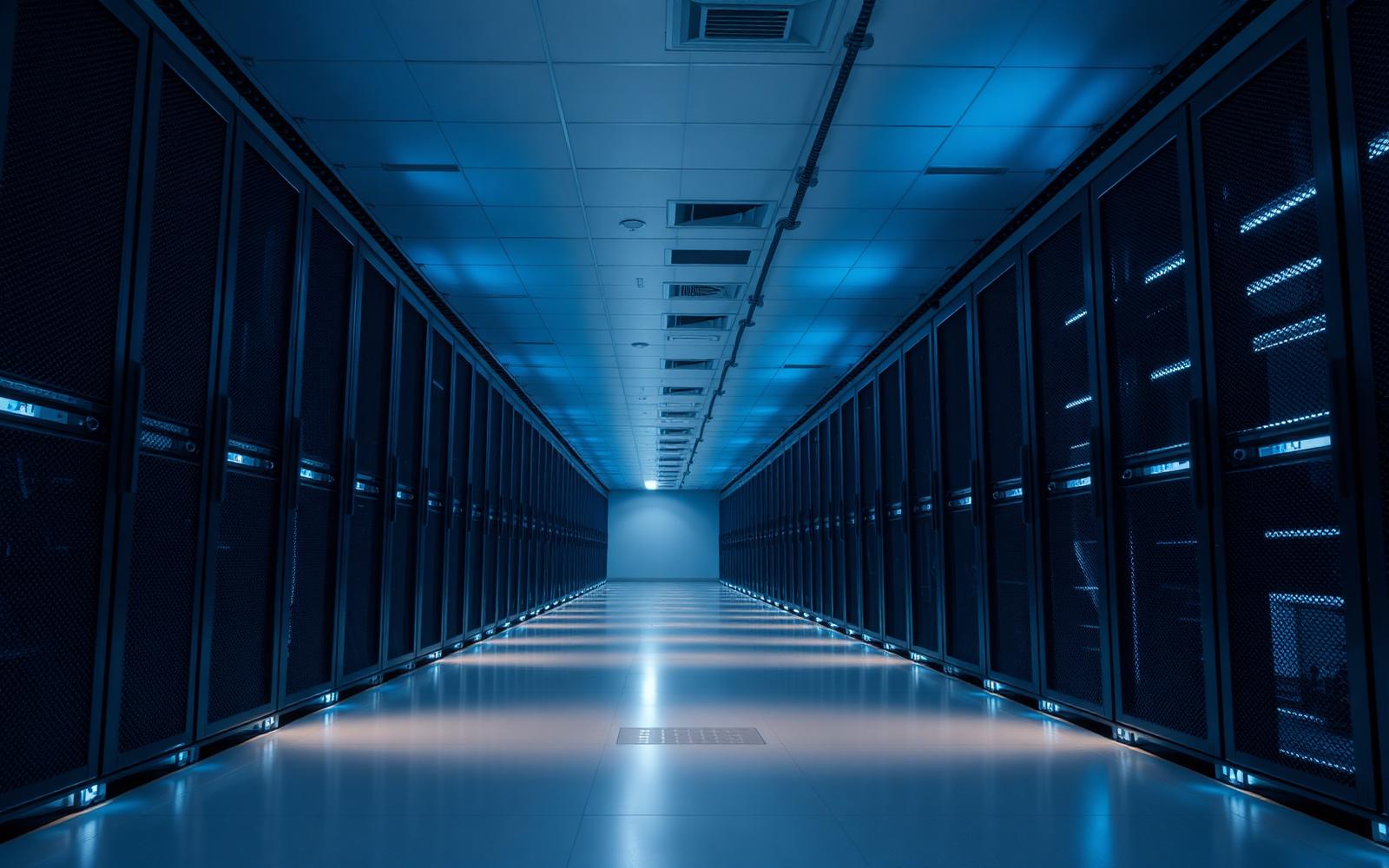 Long corridor of illuminated server racks inside a modern data centre