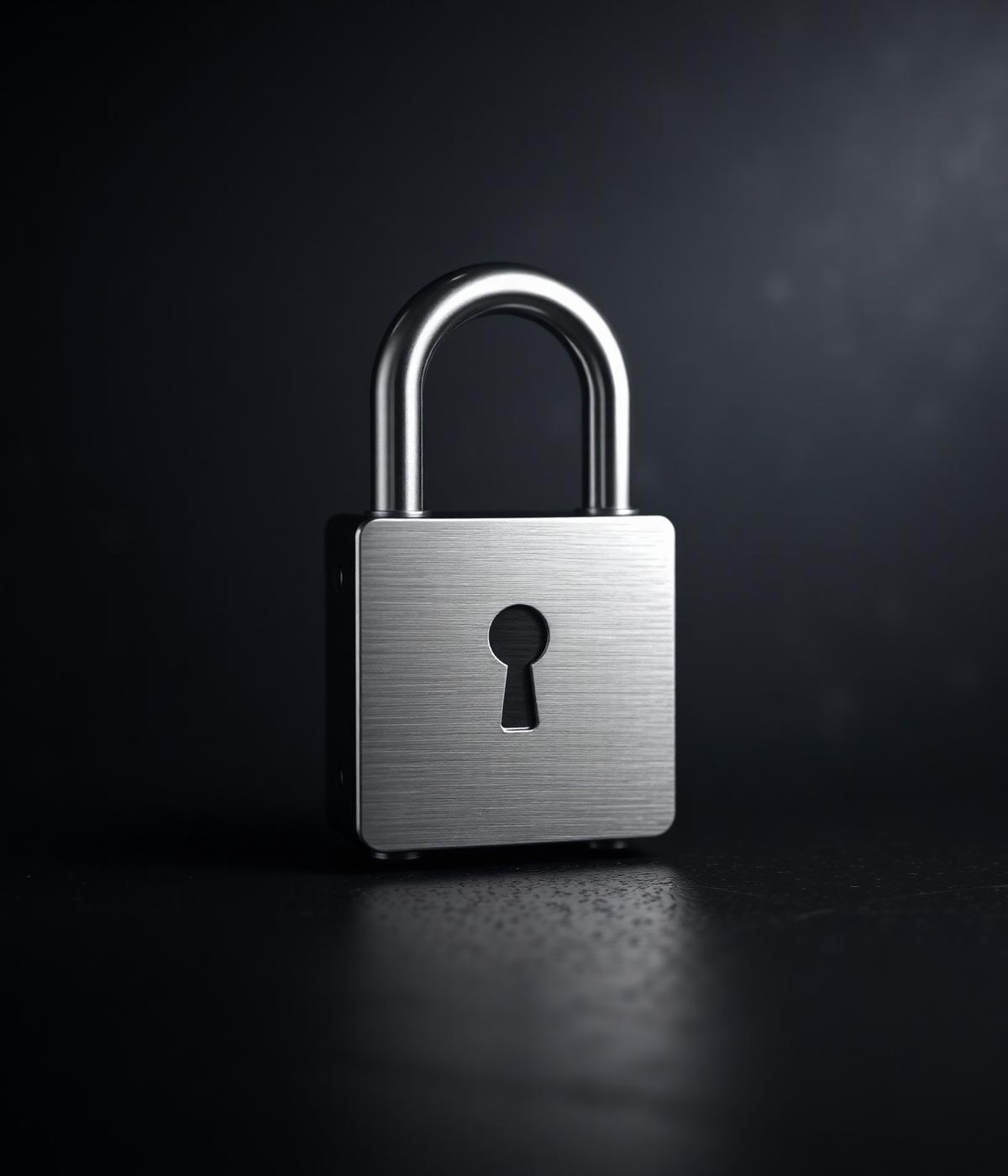 Brushed-steel padlock on a dark surface, side-lit to suggest careful custody of secrets