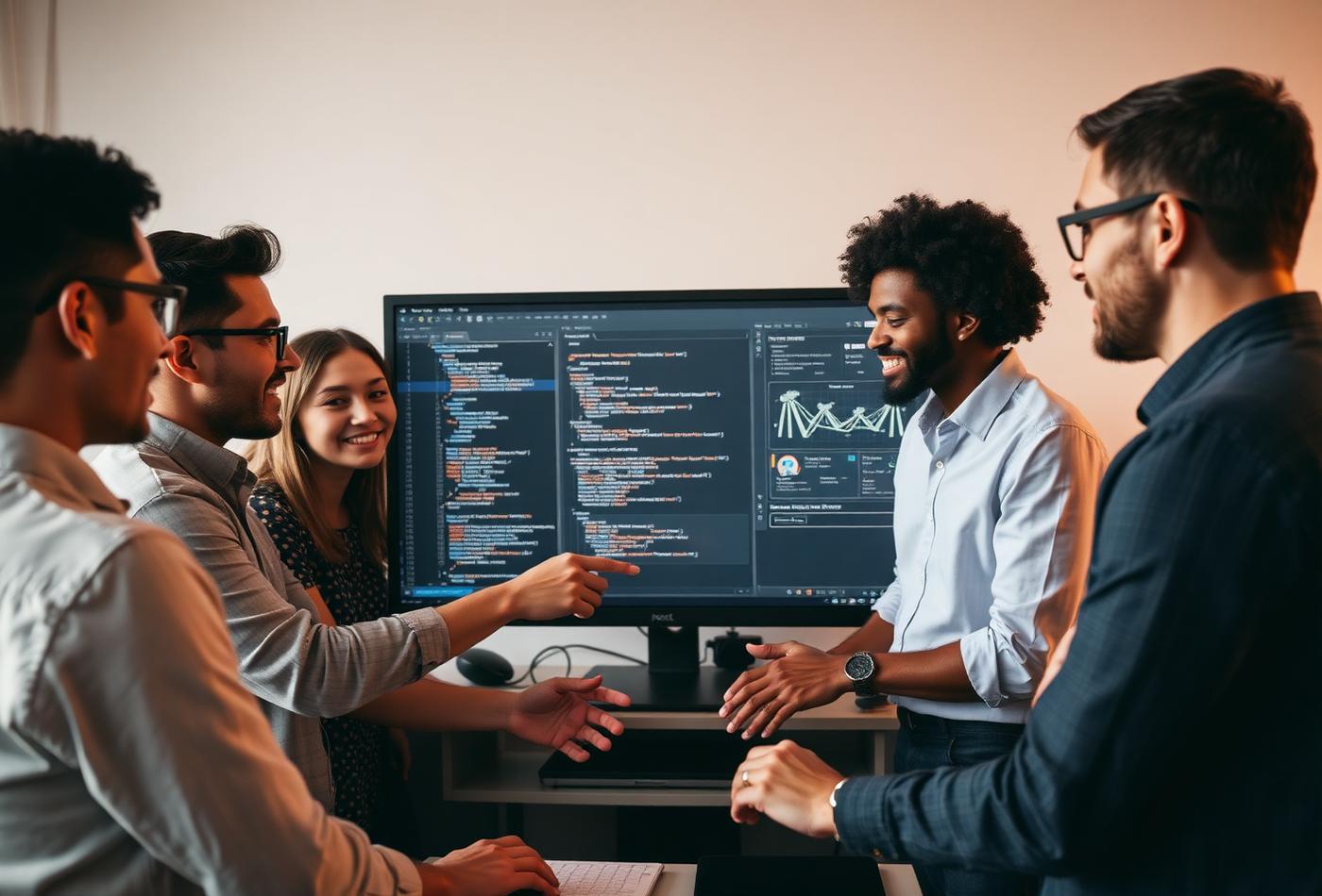 Software engineers standing around a large monitor reviewing code and architecture diagrams together